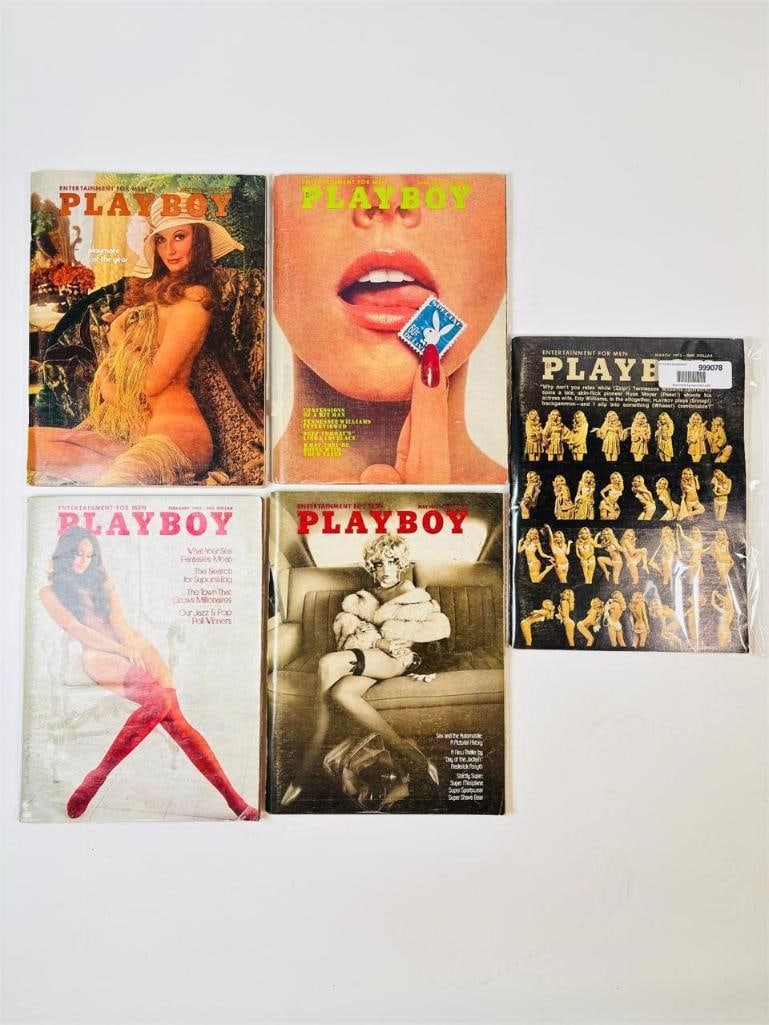 1973 Vintage Playboy Lot - 5 Issues: set of five (5) vintage issues of Playboy Magazine. Known for its sophisticated blend of world-class photography, award-winning journalism, and interviews with the most influential figures of the 20th