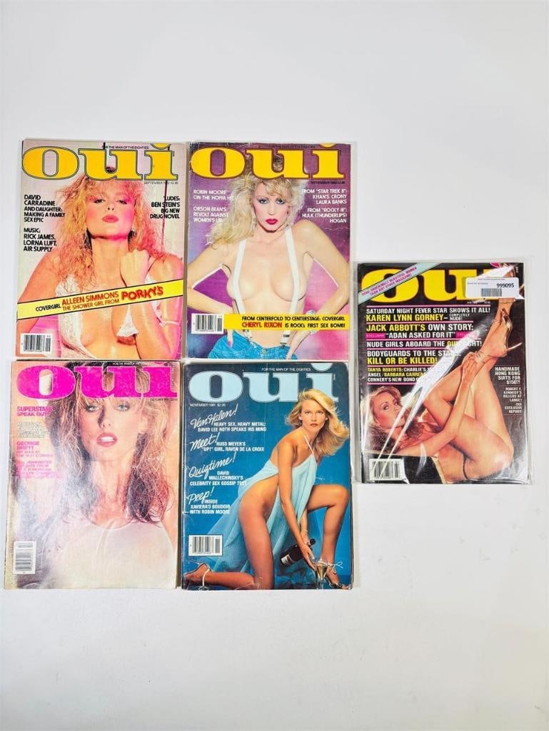 Vintage 1980s Oui Magazines Retro Adult: set of five (5) vintage issues of Oui Magazine from the 1980s. Known for its distinctive "European-style" aesthetic and its evolution into a bold, high-energy adult publication during the 1980s, this