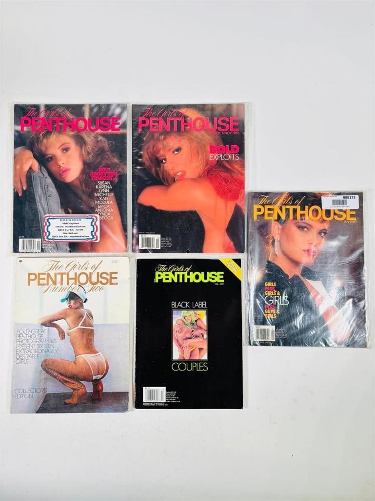The Girls of Penthouse 80s90s Magazines: set of five (5) vintage issues of Penthouse Magazine. Known for its sophisticated blend of provocative pictorials, high-end lifestyle features, and award-winning investigative journalism, this publica