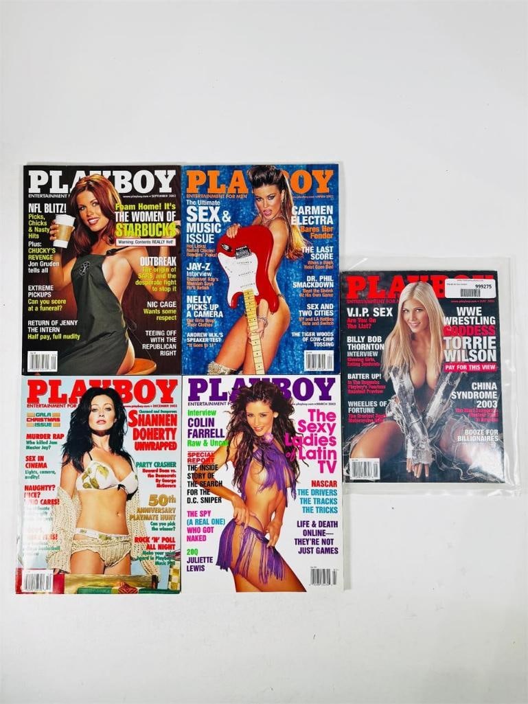 Playboy Magazines -Featuring 2003 Carmen Electra: set of five (5) vintage issues of Playboy Magazine. Known for its sophisticated blend of world-class photography, award-winning journalism, and interviews with the most influential figures of the 20th