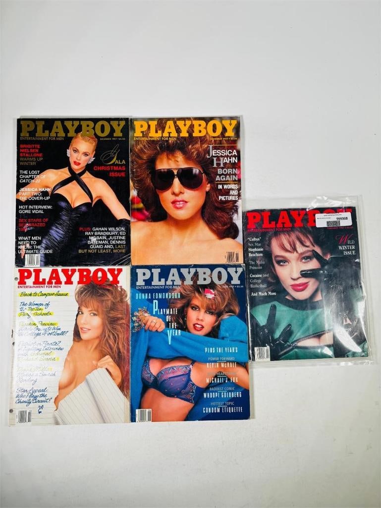 Vintage Playboys Featuring Jessica Hahn 1987: set of five (5) vintage issues of Playboy Magazine. Known for its sophisticated blend of world-class photography, award-winning journalism, and interviews with the most influential figures of the 20th