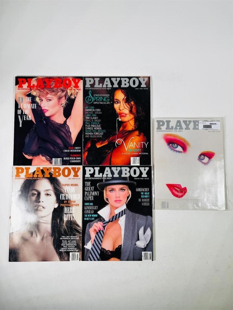 Vintage Playboy Magazines Featuring Cindy Crawford: set of five (5) vintage issues of Playboy Magazine. Known for its sophisticated blend of world-class photography, award-winning journalism, and interviews with the most influential figures of the 20th