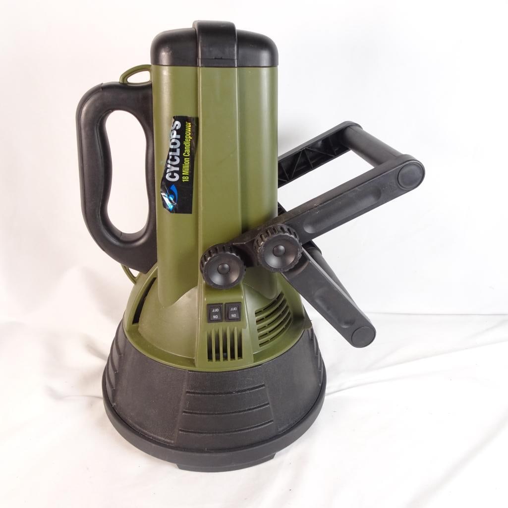 Cyclops 18 Million Candlepower Spotlight Rechargeable Handheld w/ Stand Tested: Powerful Cyclops handheld spotlight rated at 18 million candlepower. Ideal for outdoor use, camping, hunting, boating, or emergency lighting. Condition: Pre-owned condition Shows dust and normal use w