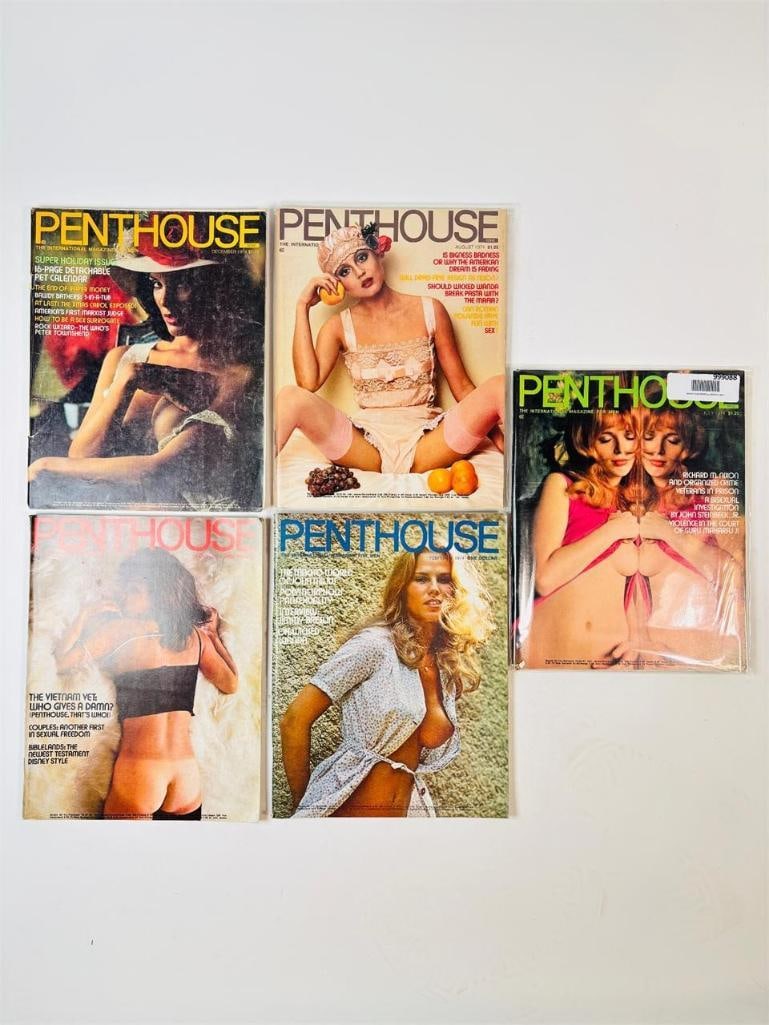 1974 Vintage Penthouse Magazine Lot: set of five (5) vintage issues of Penthouse Magazine. Known for its sophisticated blend of provocative pictorials, high-end lifestyle features, and award-winning investigative journalism, this publica