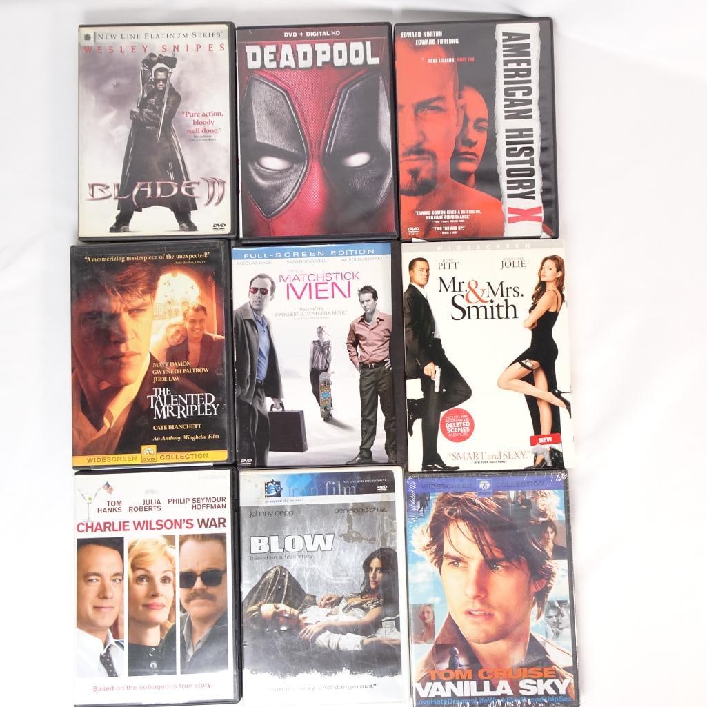 Lot of 9 DVDs -Deadpool, American History X, Blade II, Mr andMrs Smith + More: Lot of 9 DVD Movies -Action, Drama andThriller Collection This auction includes a bundle of 9 DVD movies featuring a mix of action, drama, thriller, and crime films. Great collection for movie lovers 