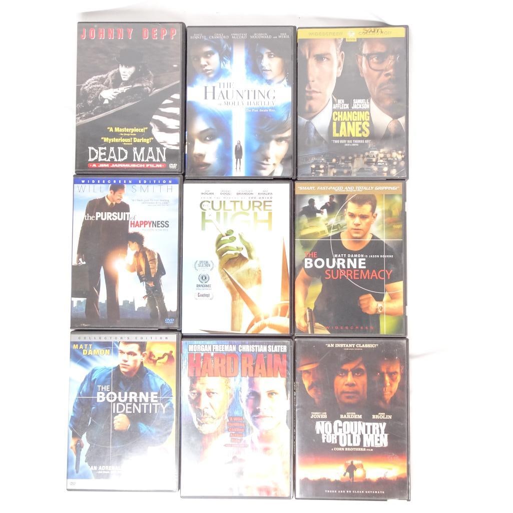Lot of 9 DVDs -No Country for Old Men, Bourne Identity, Pursuit of Happyness + More: Lot of 9 DVD Movies -Drama / Action / Thriller Collection This auction includes a bundle of 9 DVD movies featuring award-winning dramas, action films, and thrillers. ? Condition: Pre-owned DVDs in ori