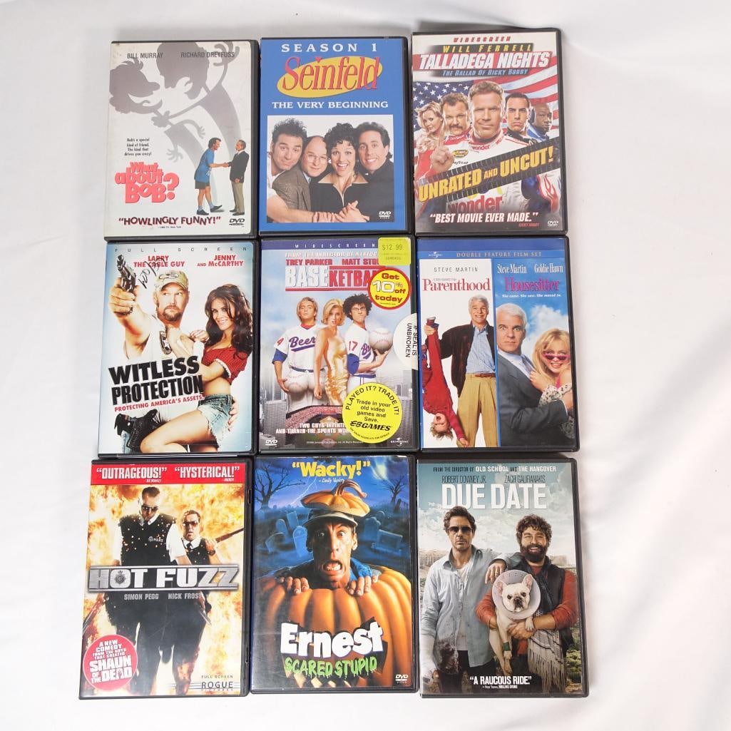 Lot of 9 Comedy DVDs -Seinfeld Season 1, Talladega Nights, Hot Fuzz, Ernest Scared Stupid: Lot of 9 comedy DVD movies featuring a mix of classic comedies, cult favorites, and popular films. Great bundle for movie collectors or comedy fans. All DVDs come in their original cases. Pre-owned co