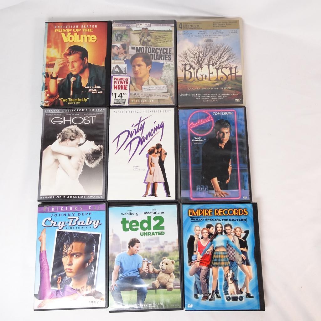 Lot of 9 DVDs -Dirty Dancing, Ghost, Big Fish, Ted 2, Empire Records: Lot of 9 DVD movies featuring a mix of romance, comedy, drama, and cult classic titles. Great bundle for movie collectors or anyone looking to expand their DVD collection. All DVDs come in their origi