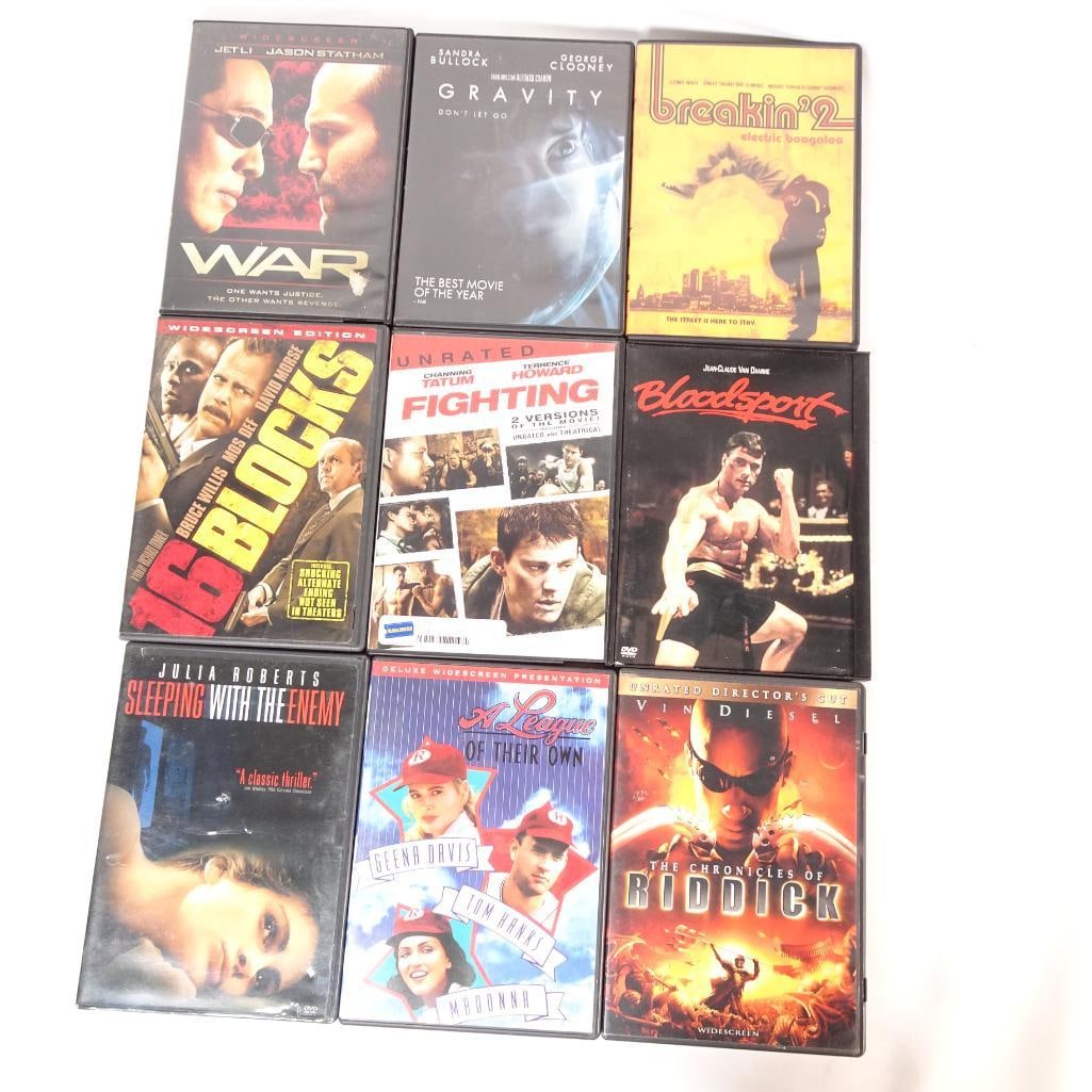 Lot of 9 DVDs -Gravity, Bloodsport, Chronicles of Riddick, War (1 of 2)