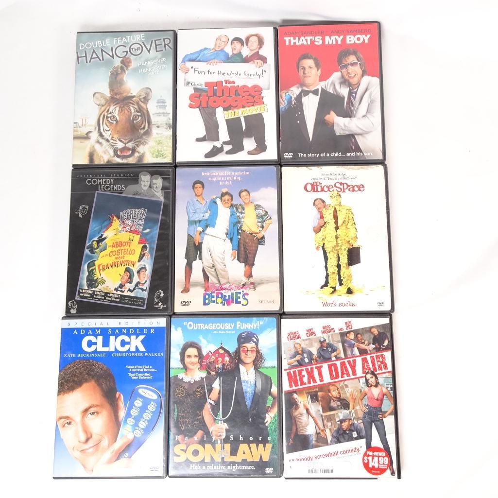 DVD Comedy Movie Lot -Click, Office Space, Hangover, Son in Law andMore (9 Films): Large comedy DVD movie lot featuring popular comedy films from the late 1990s and 2000s. Great bundle for comedy fans and collectors. All DVDs come in their original cases. Pre-owned condition with no