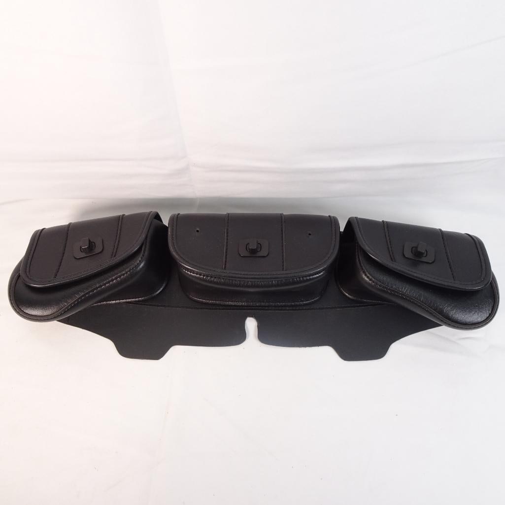 Motorcycle Triple Pouch Saddlebag Sissy Bar Storage Bag Black Faux Leather: Practical motorcycle storage bag with three compartments, designed to mount on a sissy bar or backrest. Triple pouch design (3 compartments) Color: Black Material: Faux leather Classic cruiser style A