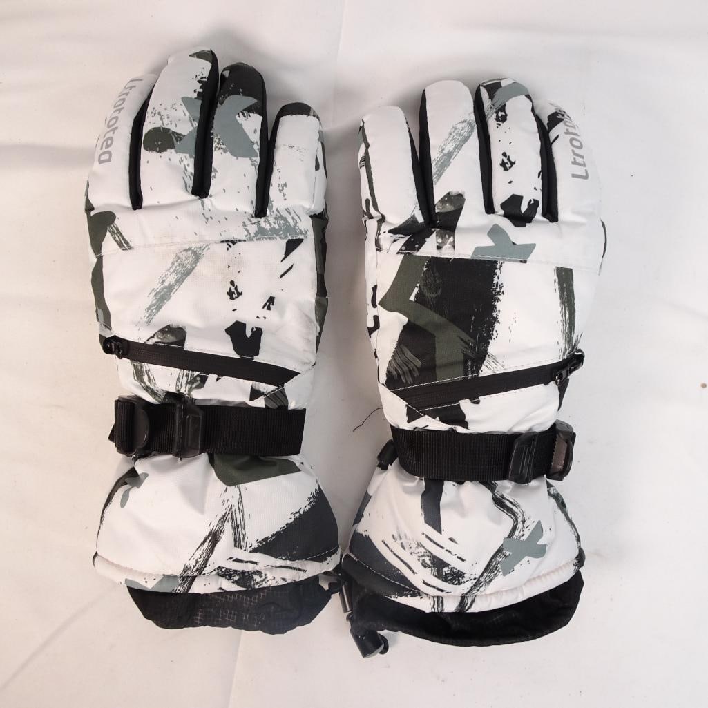Winter Ski Snowboard Gloves Size L Waterproof Insulated White Black: Offered here is a pair of winter ski / snowboard gloves in good pre-owned condition. These gloves feature a stylish white / black / gray abstract pattern and are designed for cold-weather outdoor use 