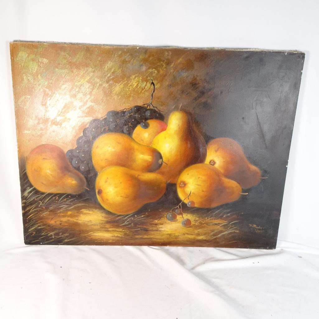 Original Oil Painting Still Life Pears Grapes Signed M Morales Solorio Canvas: Beautiful original still life painting featuring pears and grapes in a warm, classic composition. Pre-owned vintage condition. Canvas shows some wear, surface marks, and age-related imperfections (see