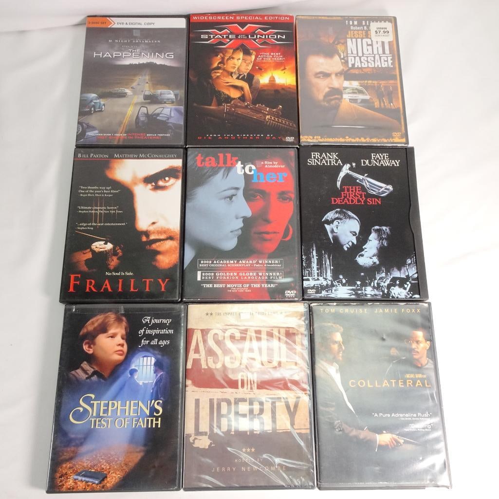 DVD Movie Lot 9 Films Collateral Frailty Talk to Her XXX State of the Union Mixed Genres: Mixed DVD movie lot including 9 films across multiple genres (thriller, drama, action, crime, and classic cinema). ? Condition: Pre-owned. Discs are in good condition with normal light wear. Cases may