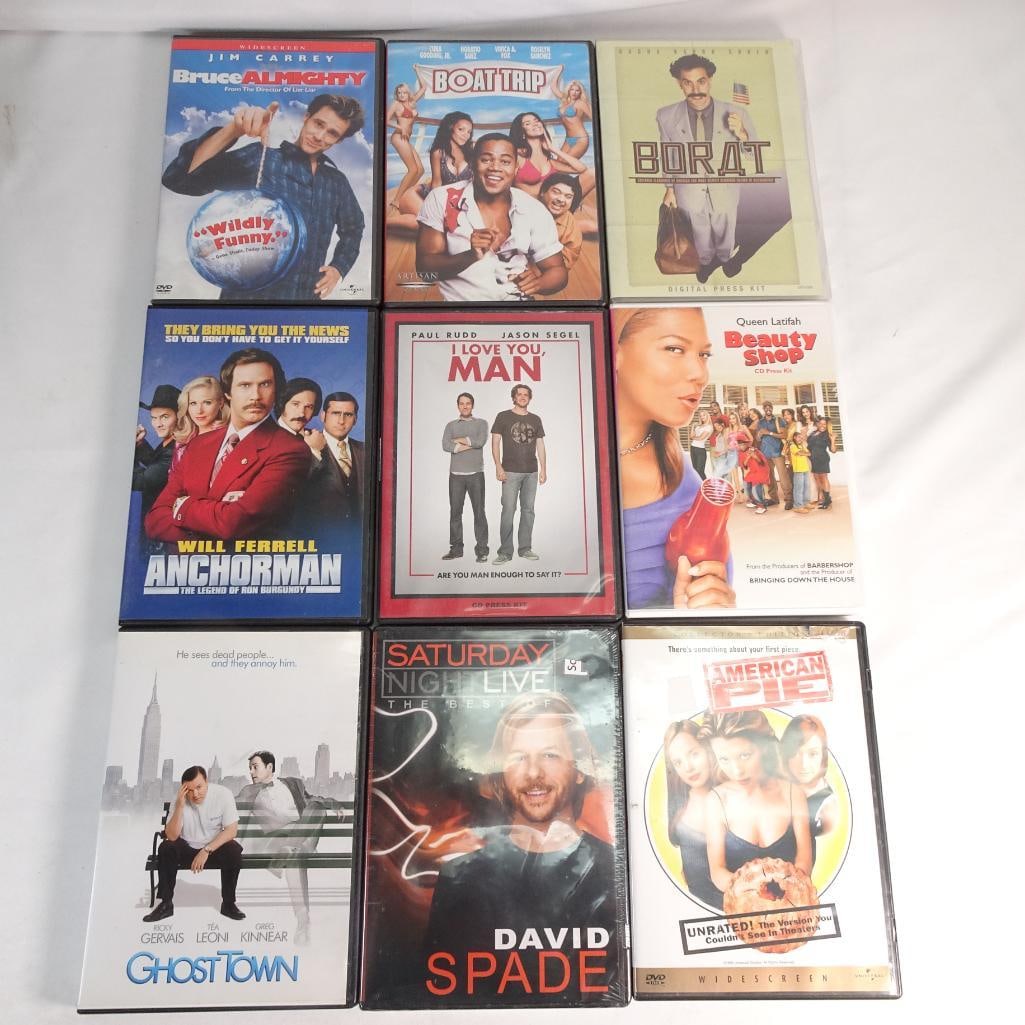 DVD Movie Lot 9 Comedy Films Borat Anchorman American Pie Bruce Almighty + Press Kits: Mixed DVD movie lot featuring 9 comedy films, including popular titles and collectible press kit editions. Pre-owned. Discs in good condition with normal wear. Some cases may have stickers or minor sh