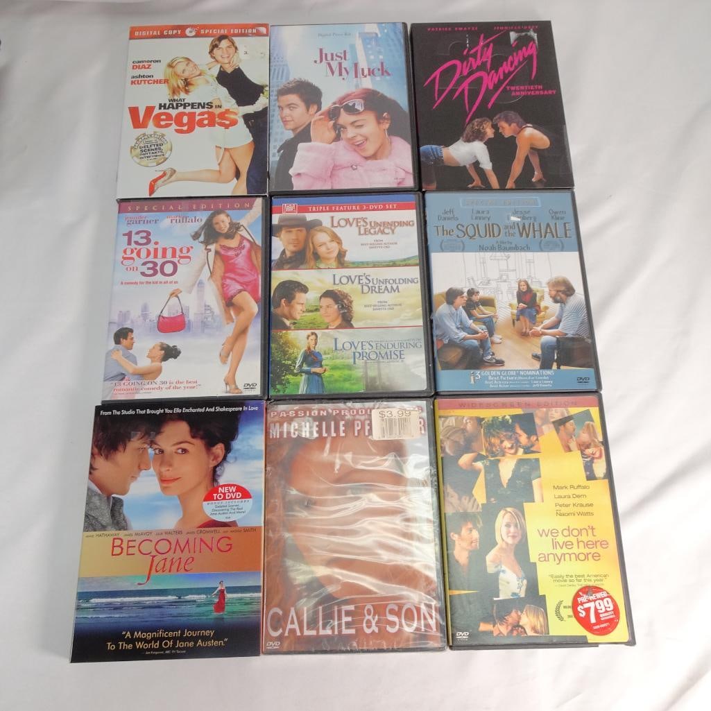 DVD Movie Lot 9 Romance Films Dirty Dancing 13 Going on 30 What Happens in Vegas: Mixed DVD lot featuring 9 romantic films, comedies, and drama titles. Pre-owned. Discs in good condition with normal wear. Some cases may have stickers or shelf wear (see photos).