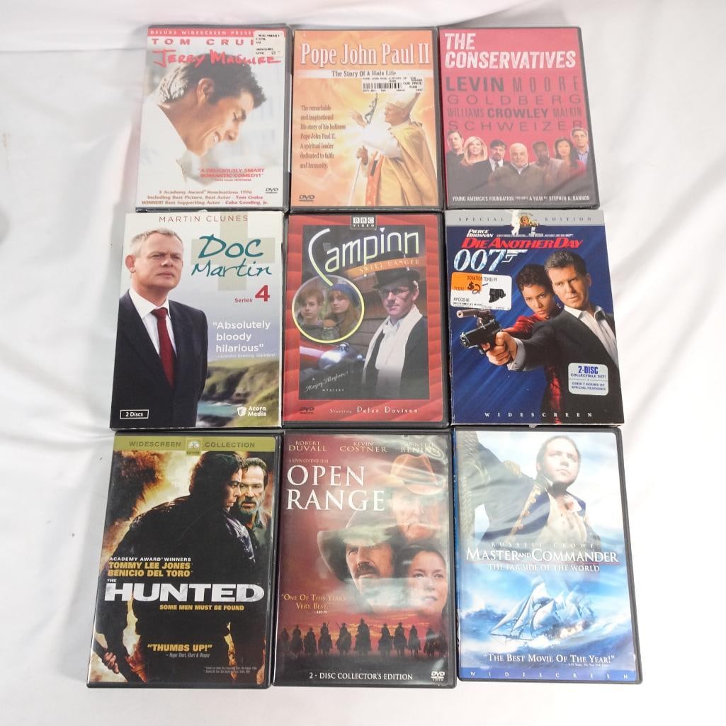 DVD Movie Lot -James Bond 007, Jerry Maguire, Open Range, Master andCommander + TV Series (9): Mixed lot of 9 DVDs including popular movies and TV series. Great variety of action, drama, and classic titles -ideal for collectors or resale. Condition: Pre-owned. Cases may show normal wear from st