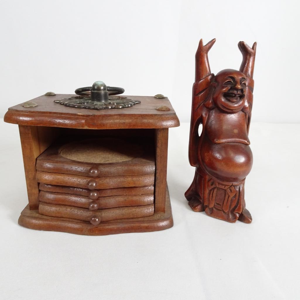 Vintage Wooden Coaster Set w/ Holder + Hand Carved Laughing Buddha Figurine -Boho Decor Lot (1 of 10)