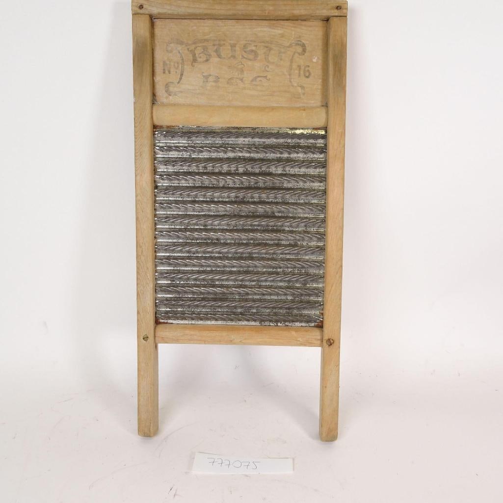Antique Wooden Washboard: Authentic antique wooden washboard featuring a traditional ribbed metal scrubbing surface. This piece shows beautiful age-related wear and original patina, adding to its rustic charm and historical ch