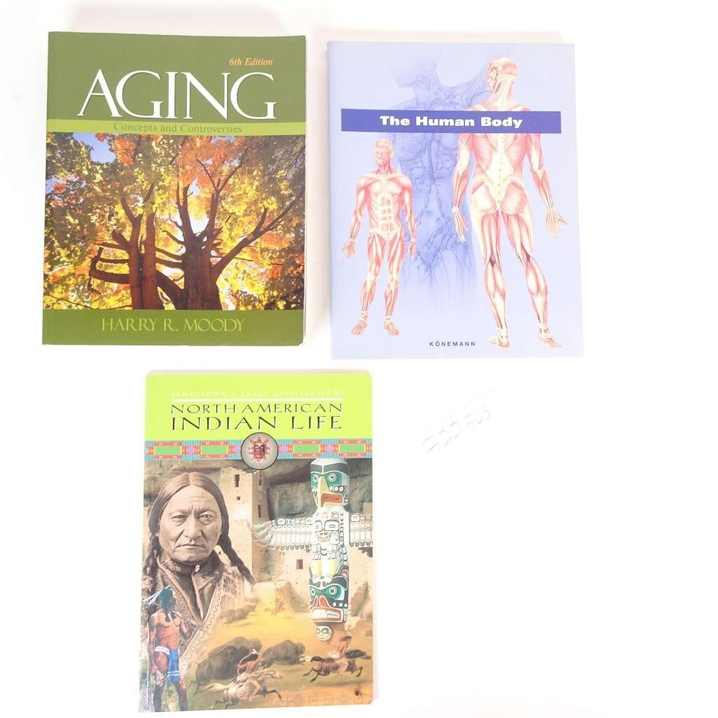 Educational and Non-Fiction Book Lot: This auction features a 3-book educational and non-fiction lot covering topics such as aging studies, human anatomy, and the history and culture of Native American life. Books are in good to very good