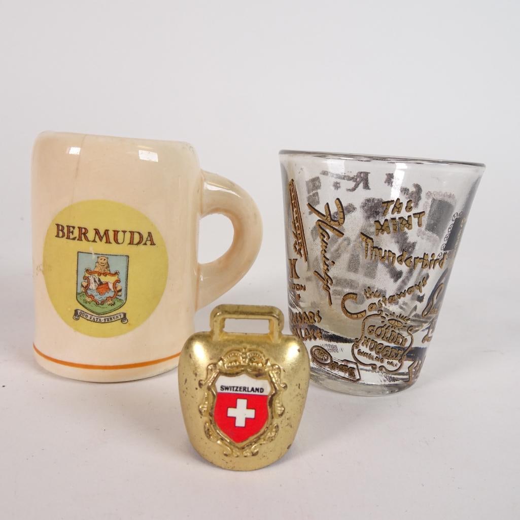 Vintage Travel Souvenir Lot: Charming vintage travel souvenir collection featuring three retro pieces from different destinations: ? Mini ceramic ?Bermuda? souvenir mug with crest design ? Las Vegas MGM Grand hotel souvenir shot 
