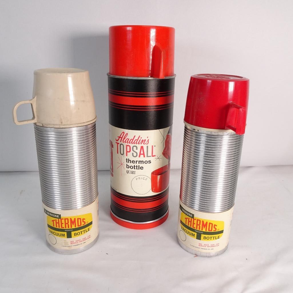 Vintage Thermos and Aladdin Topsail Thermos Bottles Lot of 3 Retro Red Silver Vacuum Bottles (1 of 4)