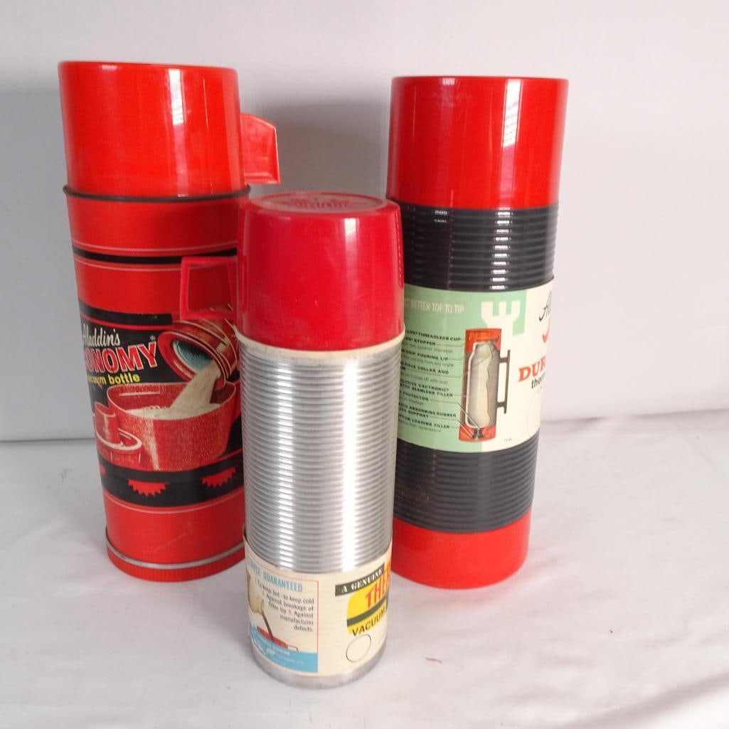 Vintage Thermos Lot 3 Red Aladdin Thermos Bottles Mid Century Retro Decor NO LINERS Parts: Set of 3 vintage thermos bottles in classic red retro design. Brands include Thermos, Aladdin, and similar vintage styles. ? PLEASE NOTE: All bottles are missing inner glass liners Not functional for 