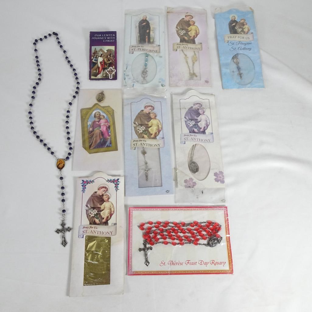 Vintage Catholic Rosary and Devotional Lot - St. Anthony, St. Peregrine, Prayer Cards (1 of 9)