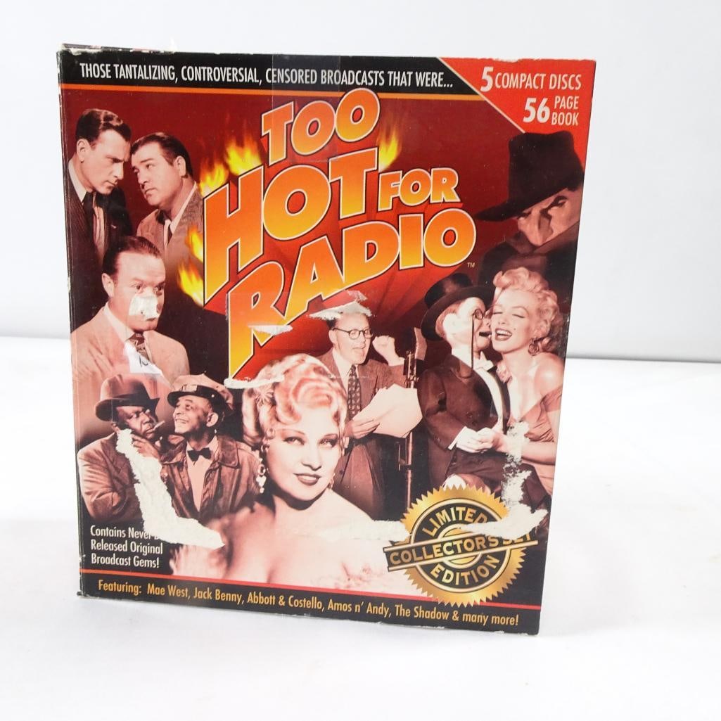 Too Hot For Radio 5 CD Box Set Limited Collector?s Edition Old Time Radio + Book: Too Hot For Radio - Limited Collector?s Edition box set. Features rare and controversial vintage radio broadcasts including performers such as: Mae West, Jack Benny, Abbott and Costello, Amos n Andy, 