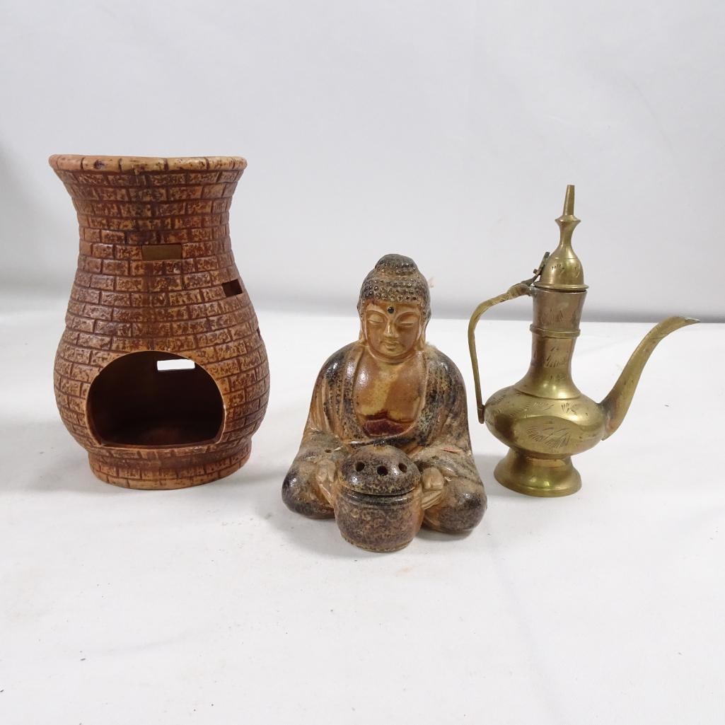Vintage Home Decor Lot Brass Teapot Buddha Incense Burner Ceramic Lantern Set: Unique vintage home decor lot featuring three decorative pieces with a warm, boho/oriental style. Perfect for: Home decor styling Boho / eclectic interiors Meditation or relaxation space Resellers or 