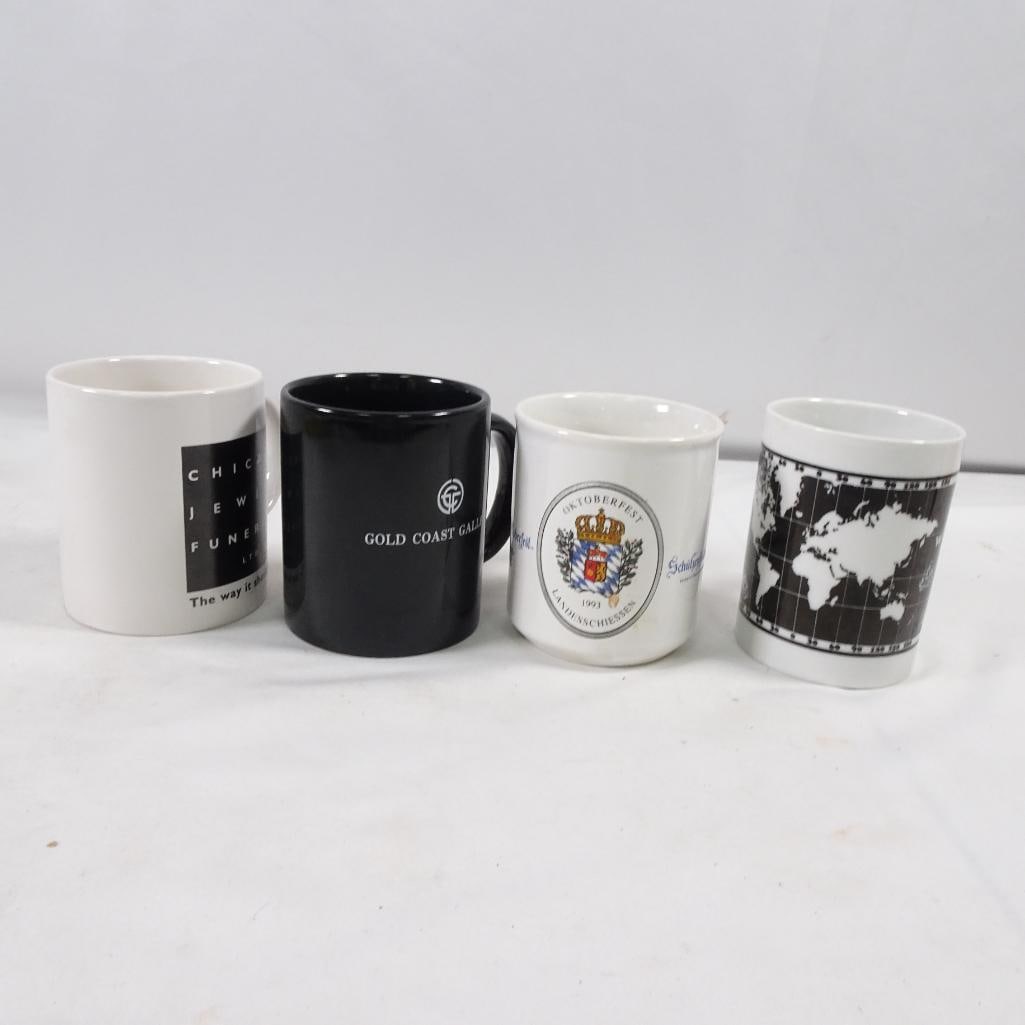 Vintage Coffee Mug Lot: Set of 4 assorted vintage coffee mugs featuring different designs including advertising, travel, and souvenir styles. Condition: Pre-owned. Visible signs of use such as light staining, surface wear, a