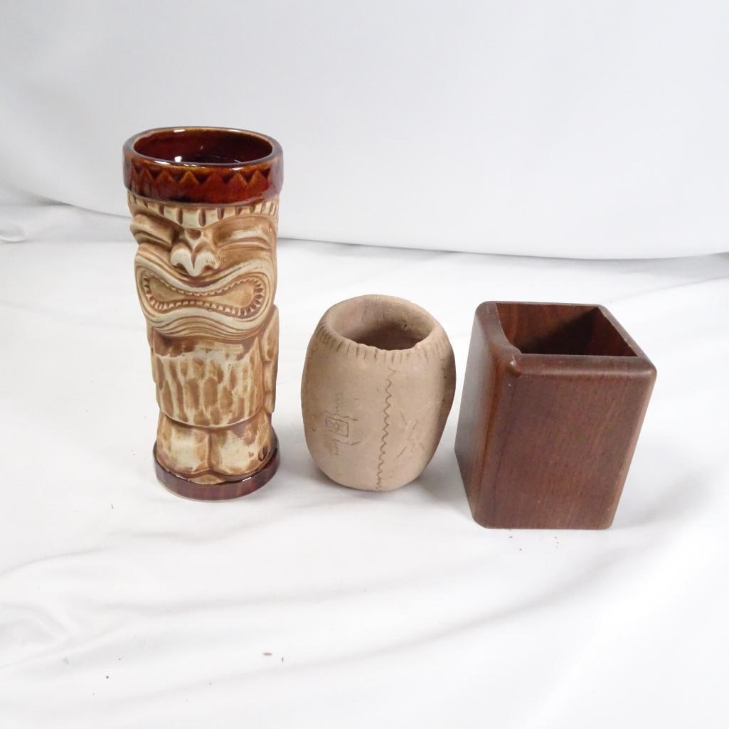 Vintage Tiki Mug + Handmade Pottery Cup + Wooden Holder Decor Mixed Lot (1 of 12)