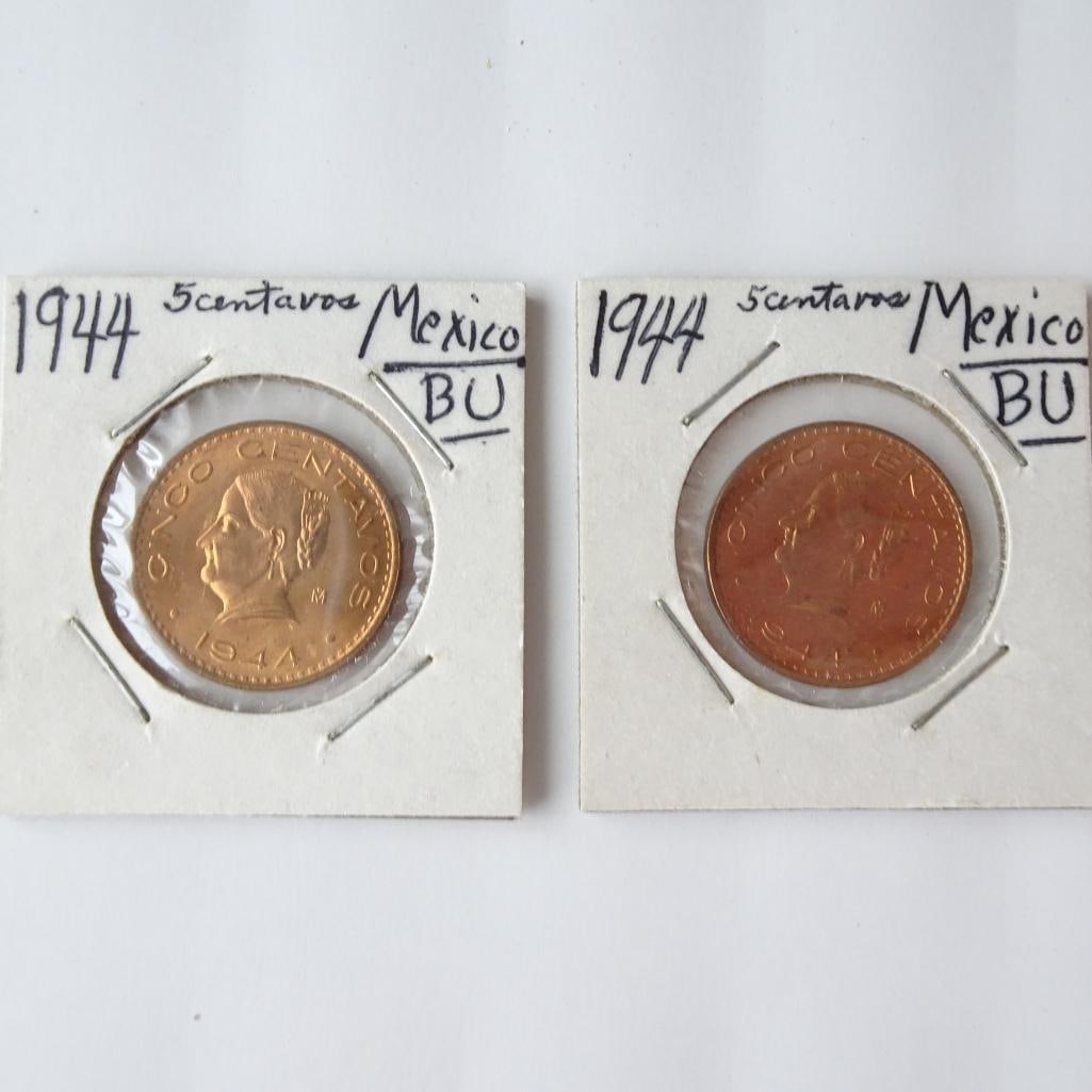 Lot of 2 - 1944 Mexico 5 Centavos Coins BU Mexican Copper World Coins: Offered for auction is a lot of two 1944 Mexico 5 Centavos coins. These classic Mexican copper coins feature the portrait of Josefa Ortiz de Dominguez, an important figure in Mexico?s independence mov