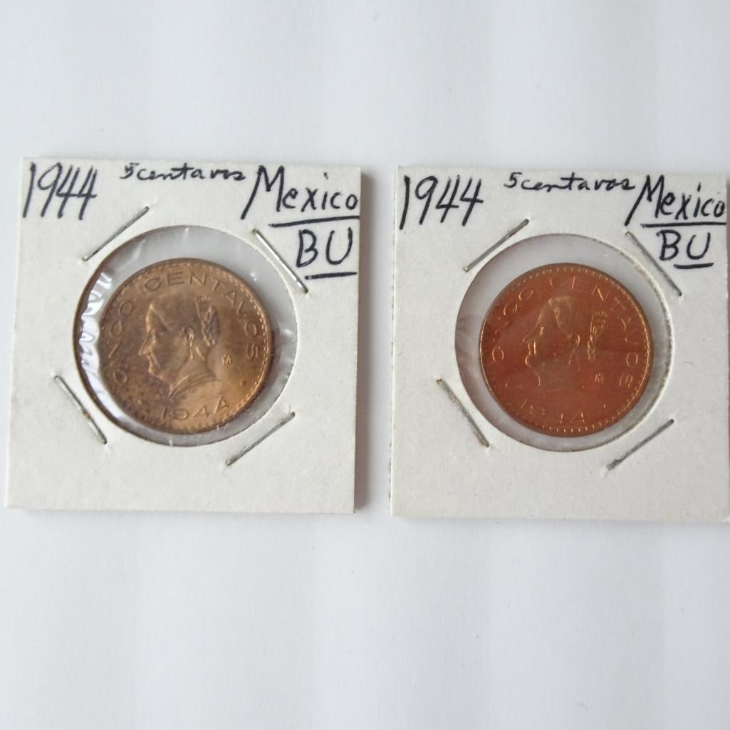 Lot of 2 - 1944 Mexico 5 Centavos Coins BU Mexican Copper World Coins: Offered for auction is a lot of two 1944 Mexico 5 Centavos coins. These classic Mexican copper coins feature the portrait of Josefa Ortiz de Dominguez, an important figure in Mexico?s independence mov