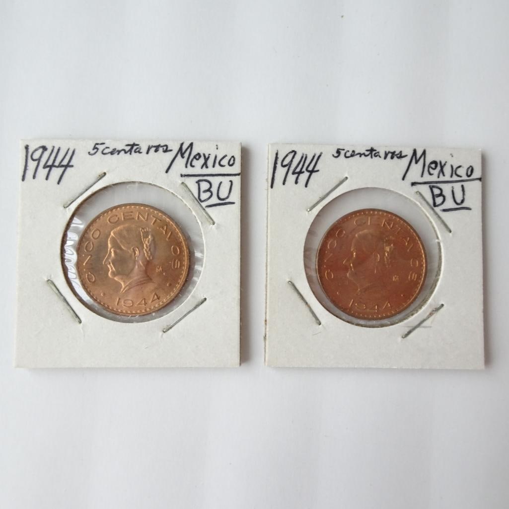 Lot of 2 - 1944 Mexico 5 Centavos Coins BU Mexican Copper World Coins: Offered for auction is a lot of two 1944 Mexico 5 Centavos coins. These classic Mexican copper coins feature the portrait of Josefa Ortiz de Dominguez, an important figure in Mexico?s independence mov