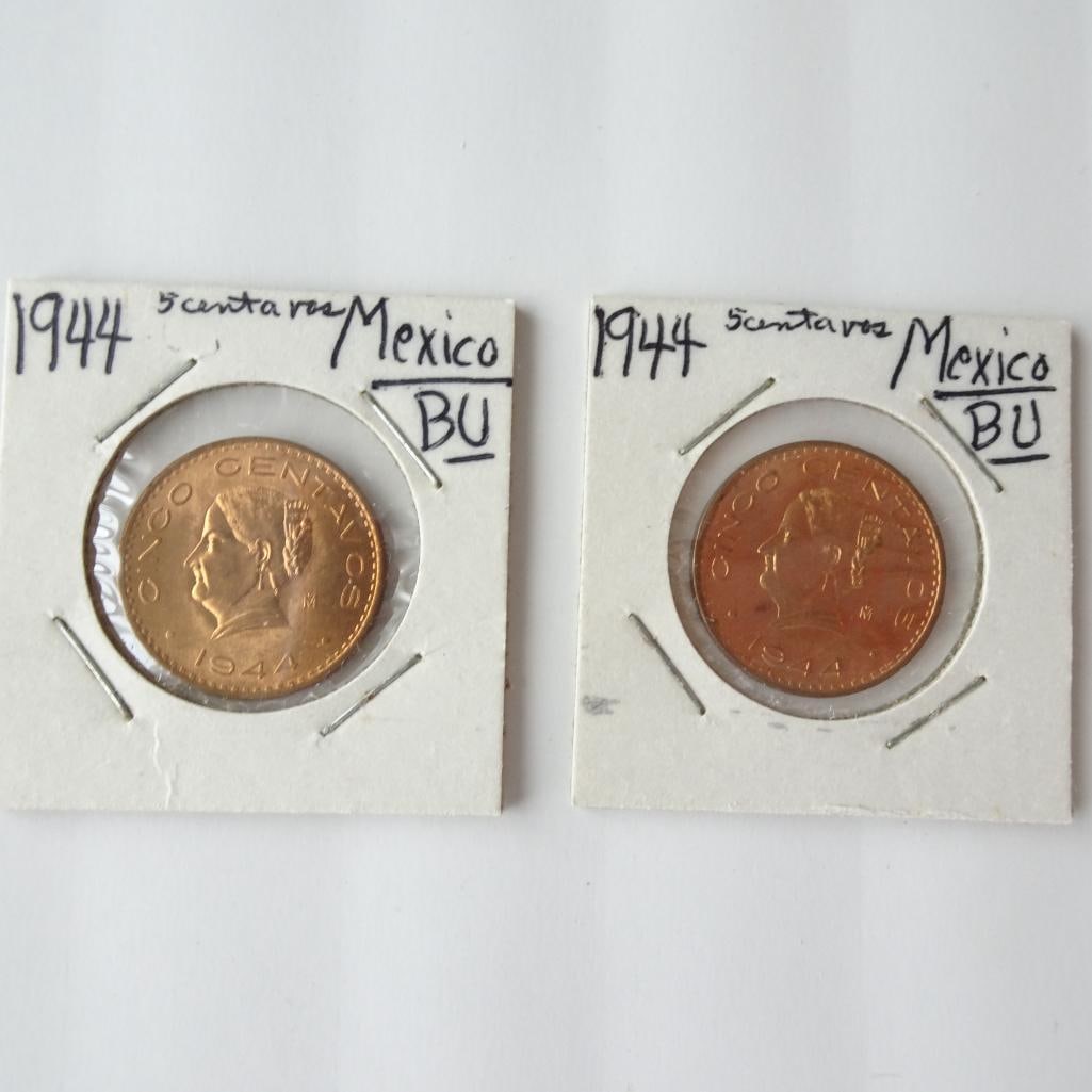 Lot of 2 - 1944 Mexico 5 Centavos Coins BU Mexican Copper World Coins: Offered for auction is a lot of two 1944 Mexico 5 Centavos coins. These classic Mexican copper coins feature the portrait of Josefa Ortiz de Dominguez, an important figure in Mexico?s independence mov