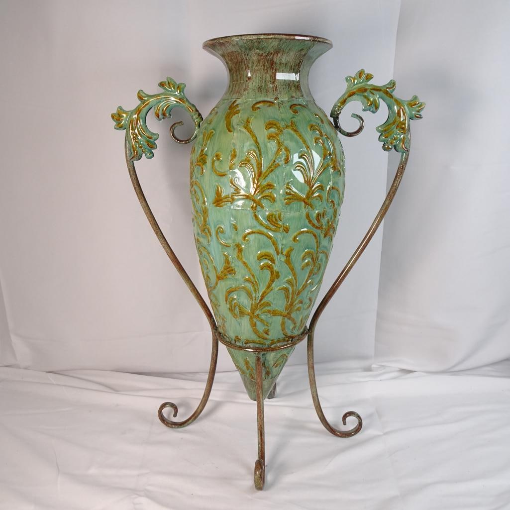 Large Decorative Ceramic Urn Vase with Metal Stand Green Gold Scrollwork Tuscan Style: Beautiful large decorative ceramic urn vase with metal stand, featuring an elegant green glaze with gold scrollwork detailing. This piece has a classic Tuscan / Mediterranean style, with ornate handle