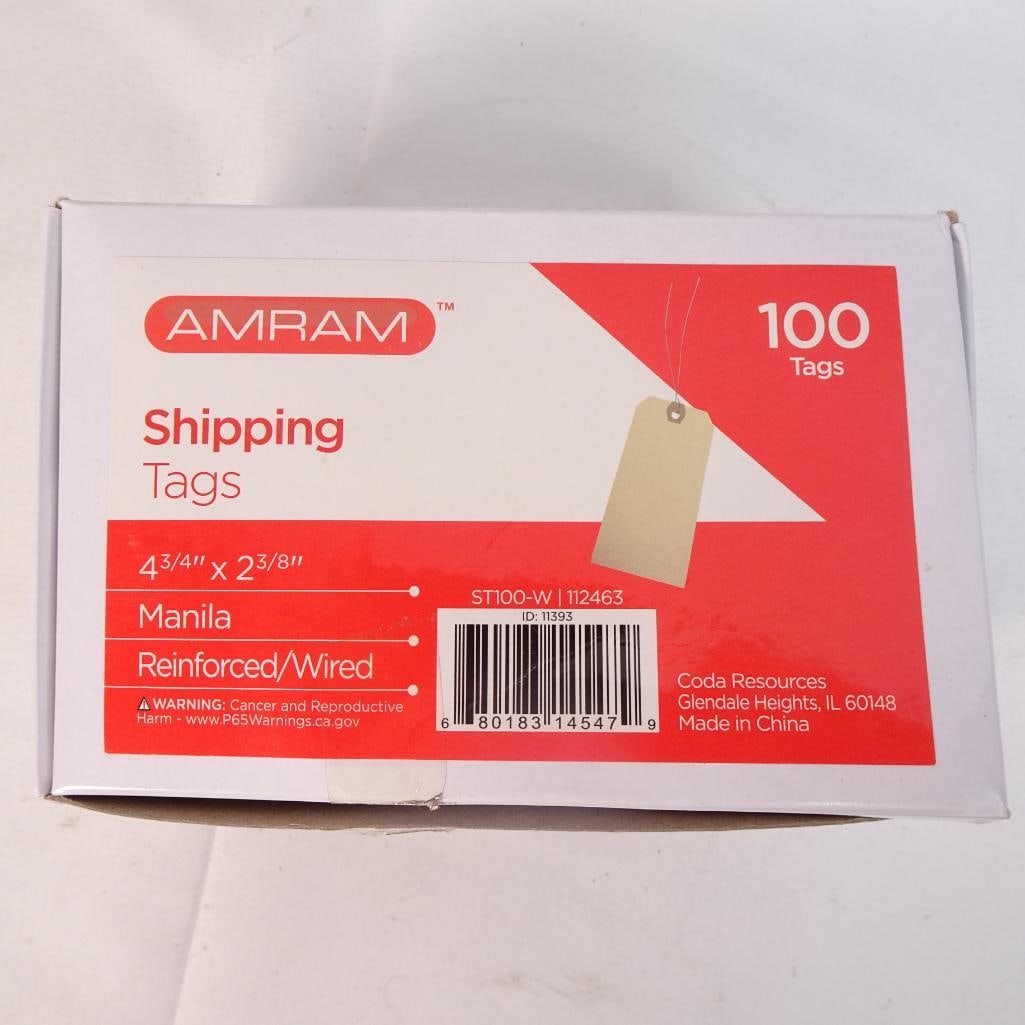 AMRAM Shipping Tags 100 Pack Manila Reinforced Wired 4 3/4" x 2 3/8" (1 of 2)