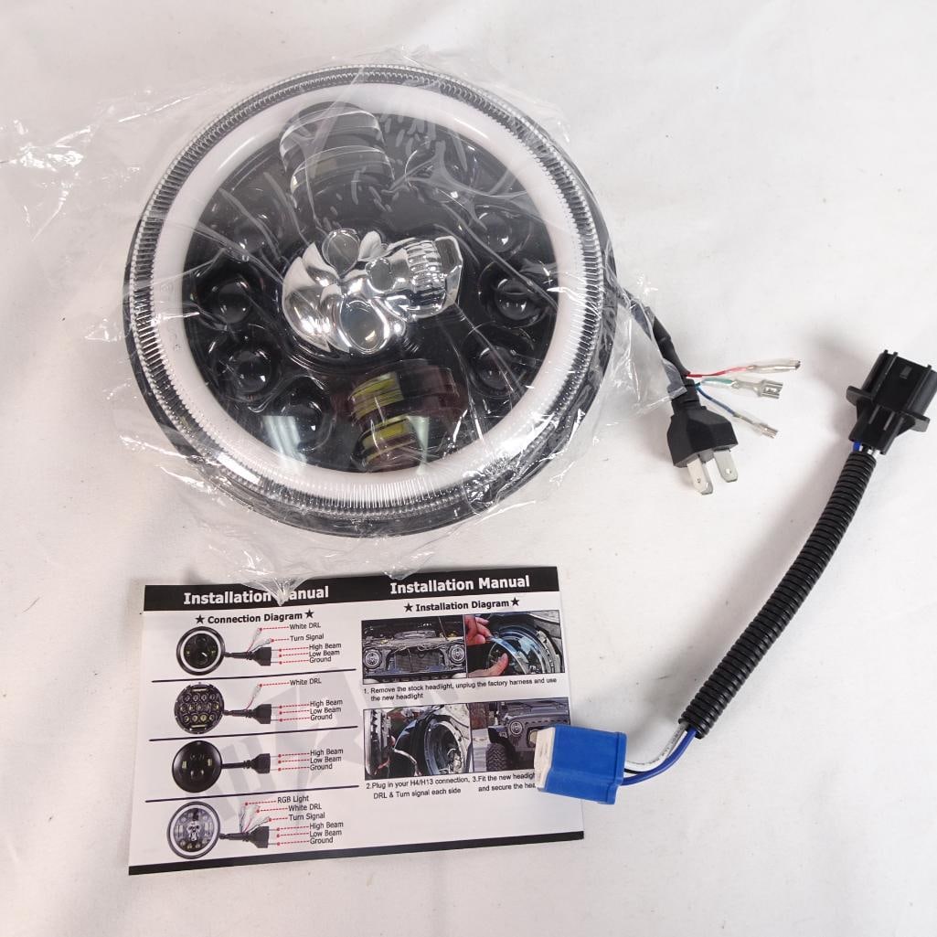 7? LED Headlight w/ Skull Design Halo Ring - H4/H13 Plug Motorcycle Jeep Truck (1 of 3)