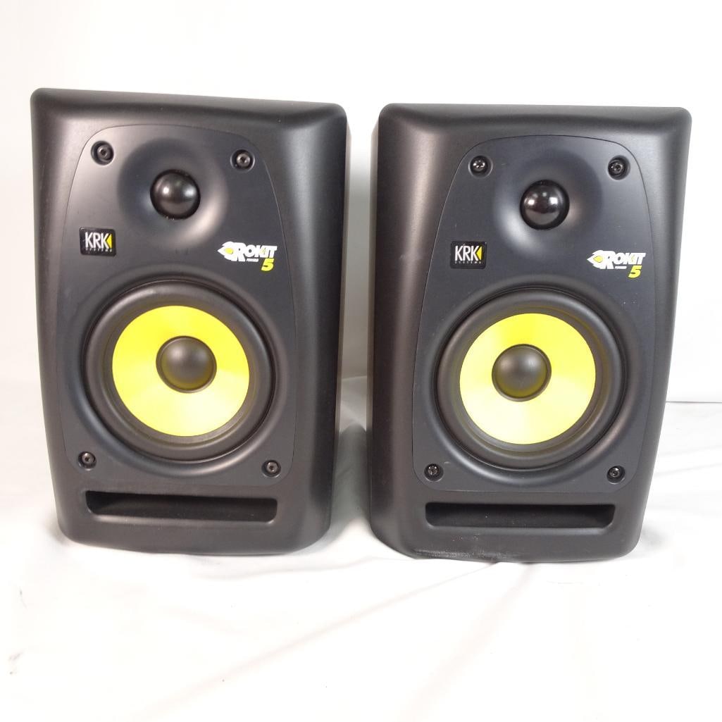 KRK Rokit 5 RPG2 Powered Studio Monitors Pair - Active Speakers RP5 G2: Pair of KRK Rokit 5 RPG2 powered studio monitors - industry-standard speakers for music production, mixing, and home studios. _ 5? yellow Kevlar woofer for accurate bass response _ Bi-amped design for