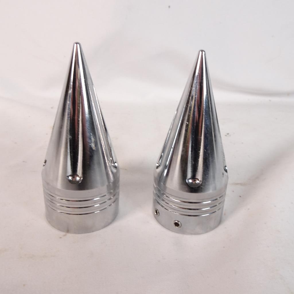 Chrome Spike Handlebar Grips / Bar End Caps - Pair - Custom Motorcycle Chopper Style: Set of chrome spike-style handlebar accessories - perfect for custom motorcycle or chopper builds. These can be used as: Handlebar grips (depending on fitment) Bar end caps / decorative spikes Custom 