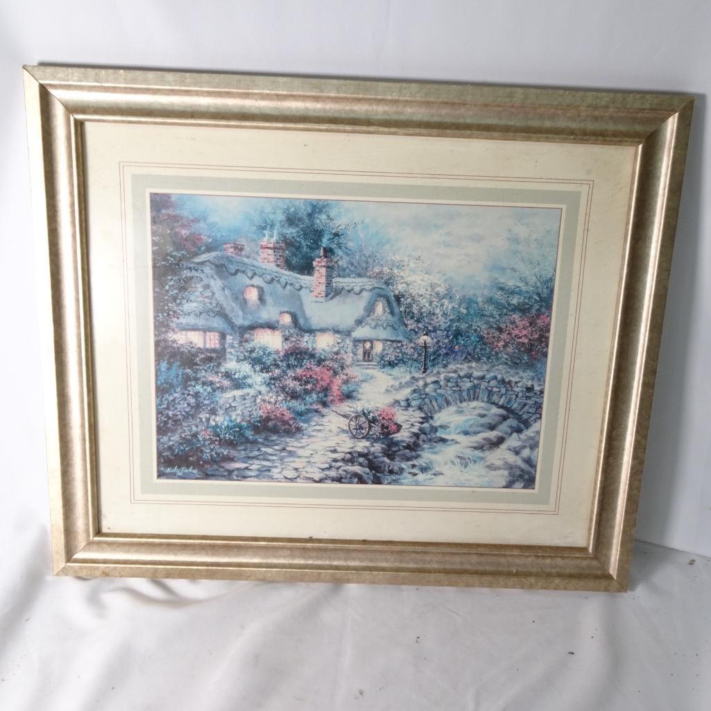 Framed Cottage Landscape Print - Gold Frame Wall Art - Vintage Style Home Decor: Beautiful framed cottage landscape print featuring a charming countryside scene with a cozy house, garden flowers, and a small bridge over a stream. Perfect for: Living room / bedroom decor Cottagecor