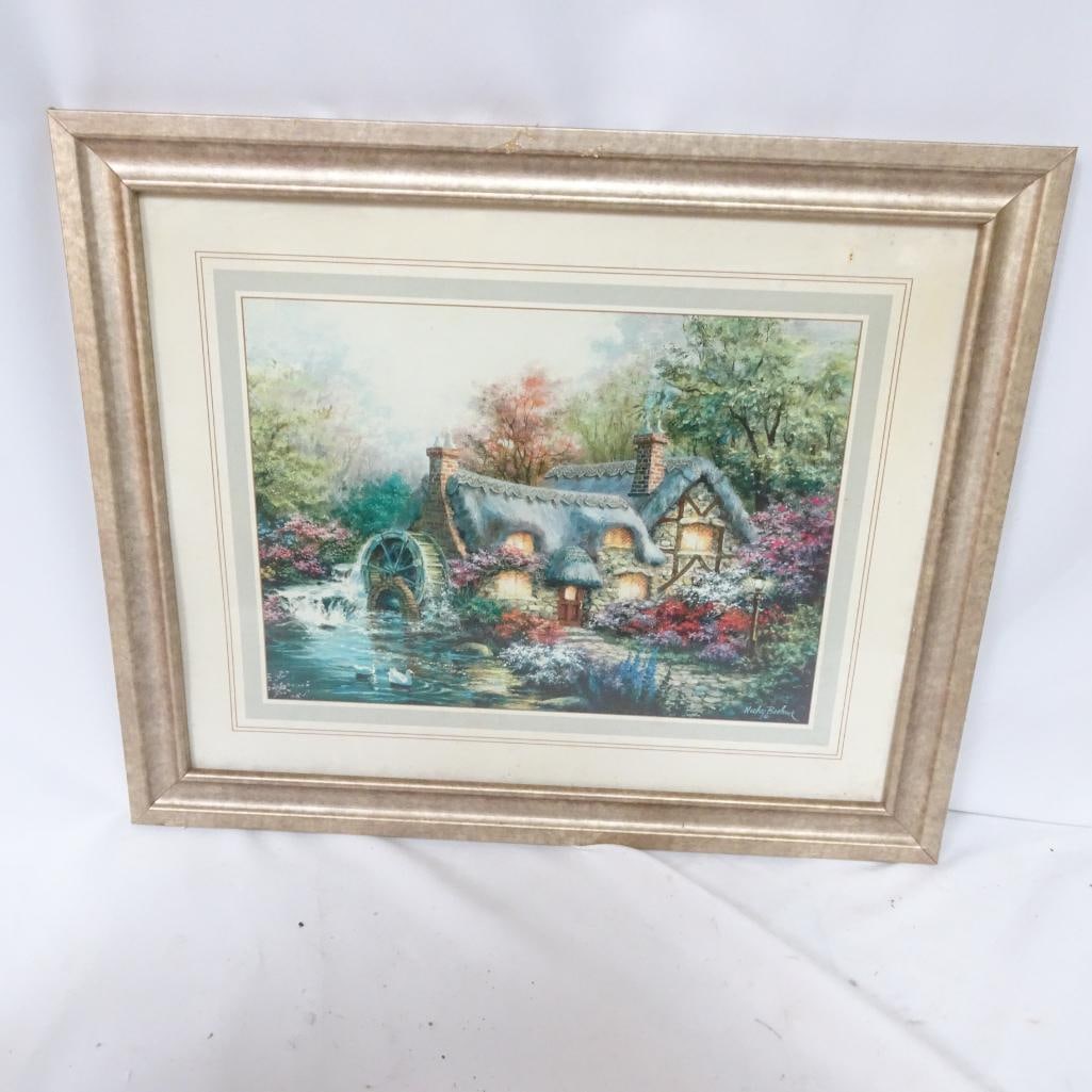 Framed Cottage Watermill Print - Nicky Boehme Style - Vintage Gold Frame Wall Art: Beautiful framed countryside cottage print featuring a charming watermill scene with a flowing stream, swans, and colorful garden flowers. Pre-owned. Frame shows visible wear, discoloration, and marks