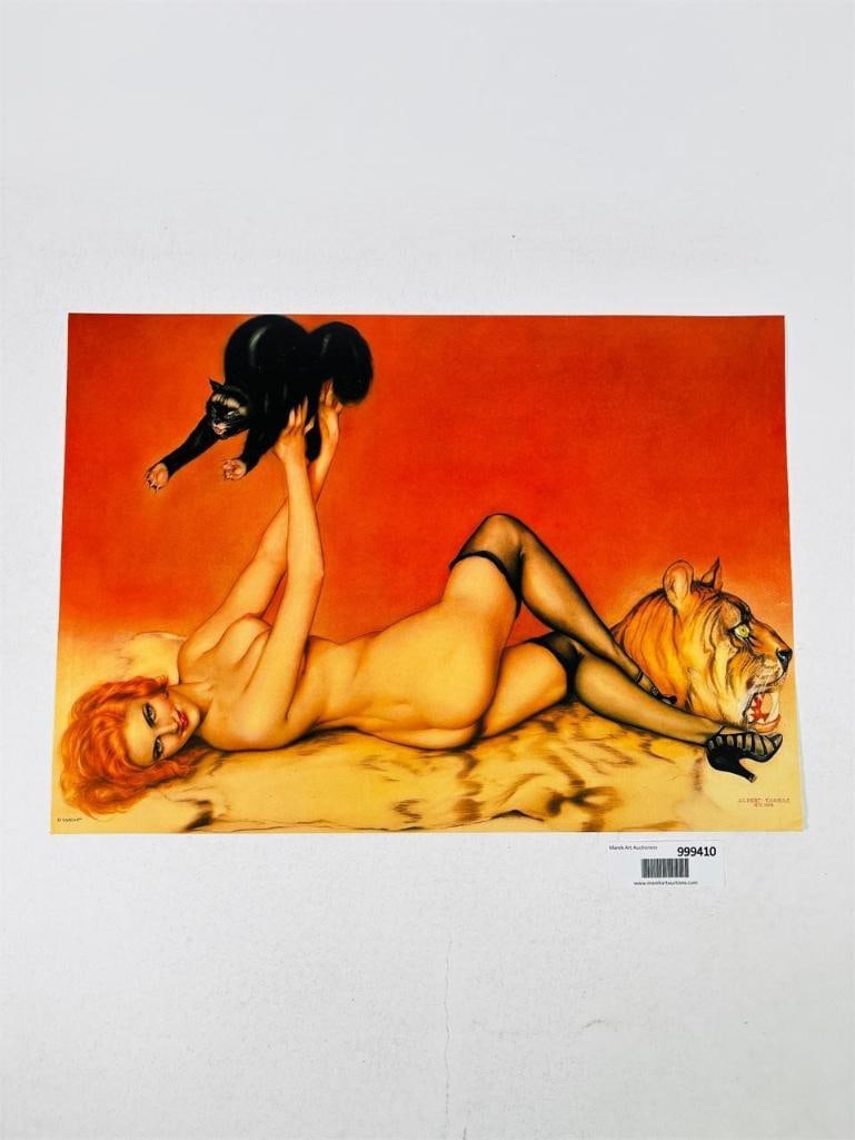 Alberto Vargas N.Y. 1919 Readhead with Black Cat: vintage print of Alberto Vargas's 1919 masterpiece, "Redhead with Black Cat." Painted during Vargas's early years in New York City while he was working for the Ziegfeld Follies, this piece is a corner