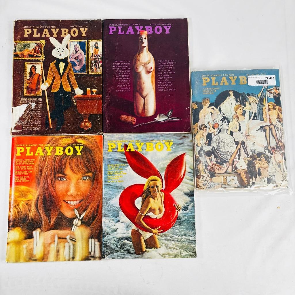 Vintage Playboy Lot - 5 Issues - 1972: set of five (5) vintage issues of Playboy Magazine. Known for its sophisticated blend of world-class photography, award-winning journalism, and interviews with the most influential figures of the 20th
