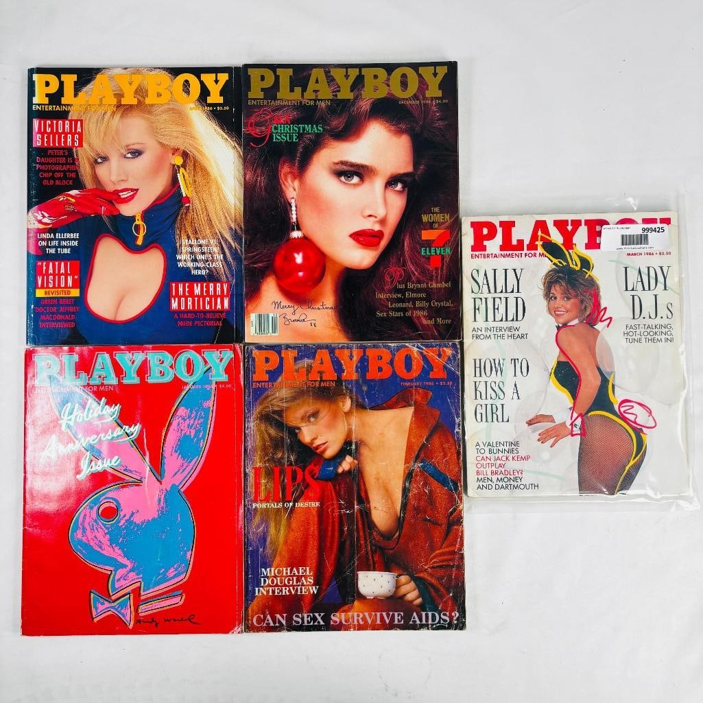 Vintage Playboy Magazines Featuring Brooke Shields: set of five (5) vintage issues of Playboy Magazine. Known for its sophisticated blend of world-class photography, award-winning journalism, and interviews with the most influential figures of the 20th