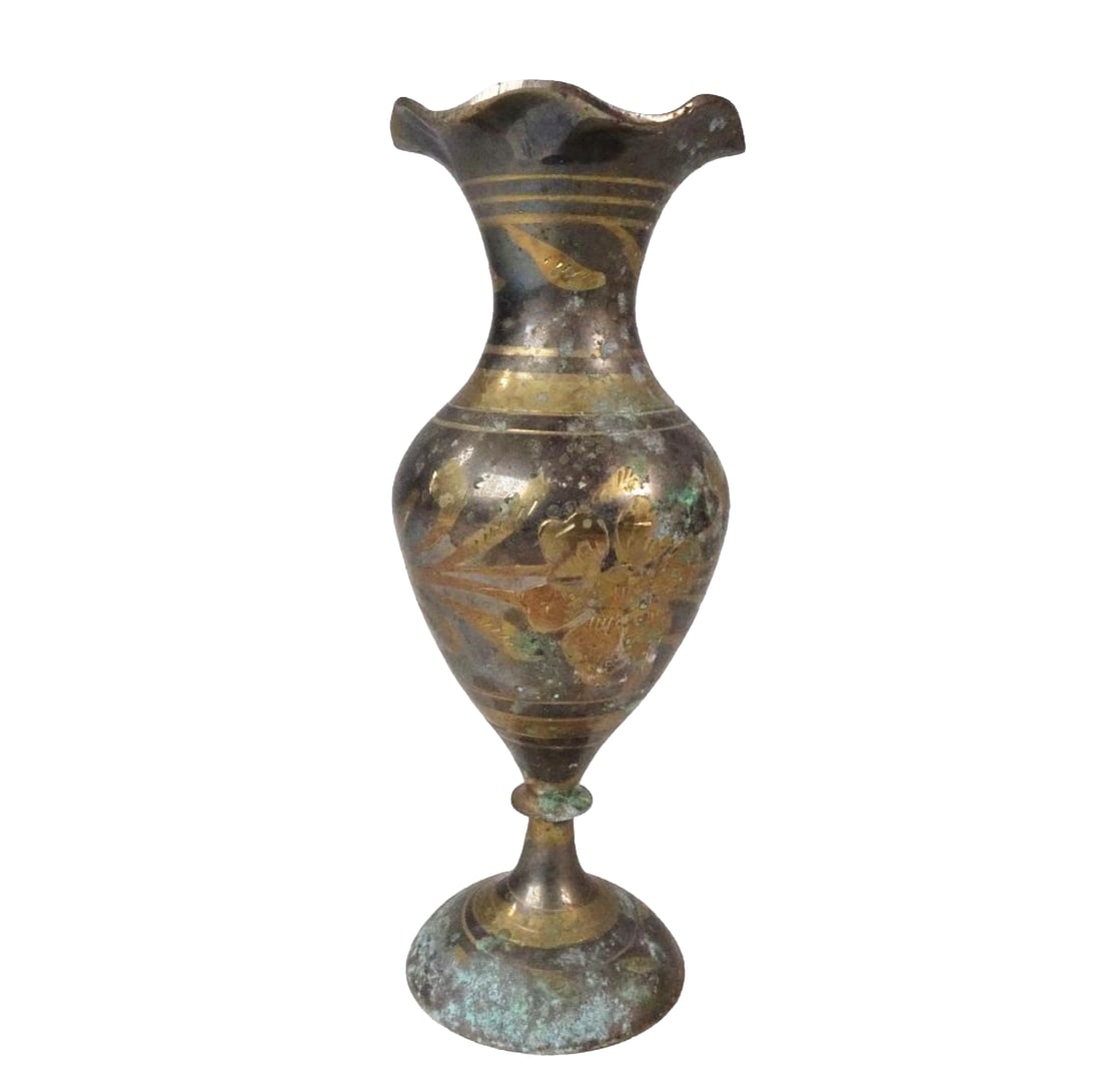Vintage Brass Bud Vase Etched Floral Design Wavy Rim Rustic Metal Vase 6.5” (1 of 4)