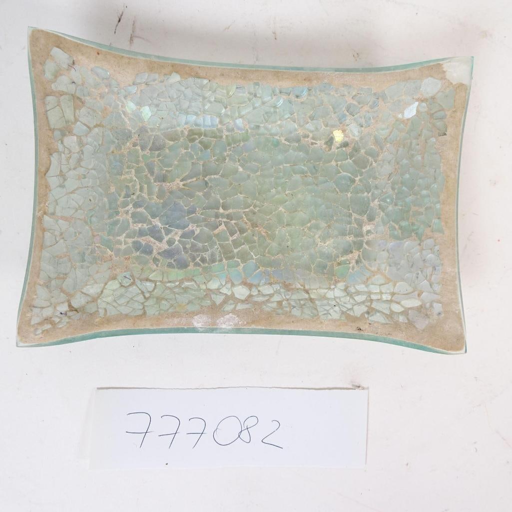 Handcrafted Crackle Glass Mosaic Tray: Decorative rectangular glass tray featuring a beautiful crackle mosaic design in soft aqua and iridescent tones. The piece is made of thick glass with a gently curved shape, creating an elegant and ar