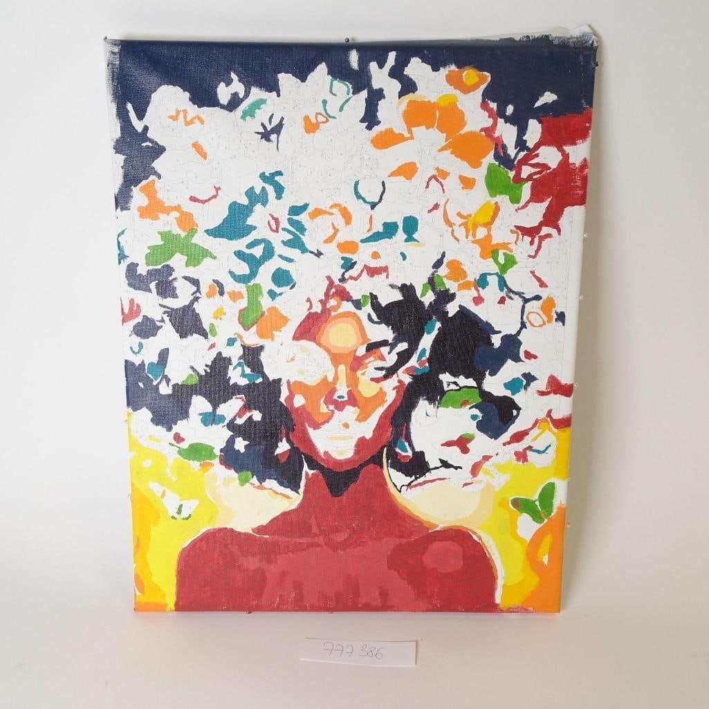 Abstract Canvas Painting: Expressive abstract canvas painting featuring a stylized female portrait with bold, vibrant colors and dynamic abstract background elements. A striking and emotional piece that immediately draws atten