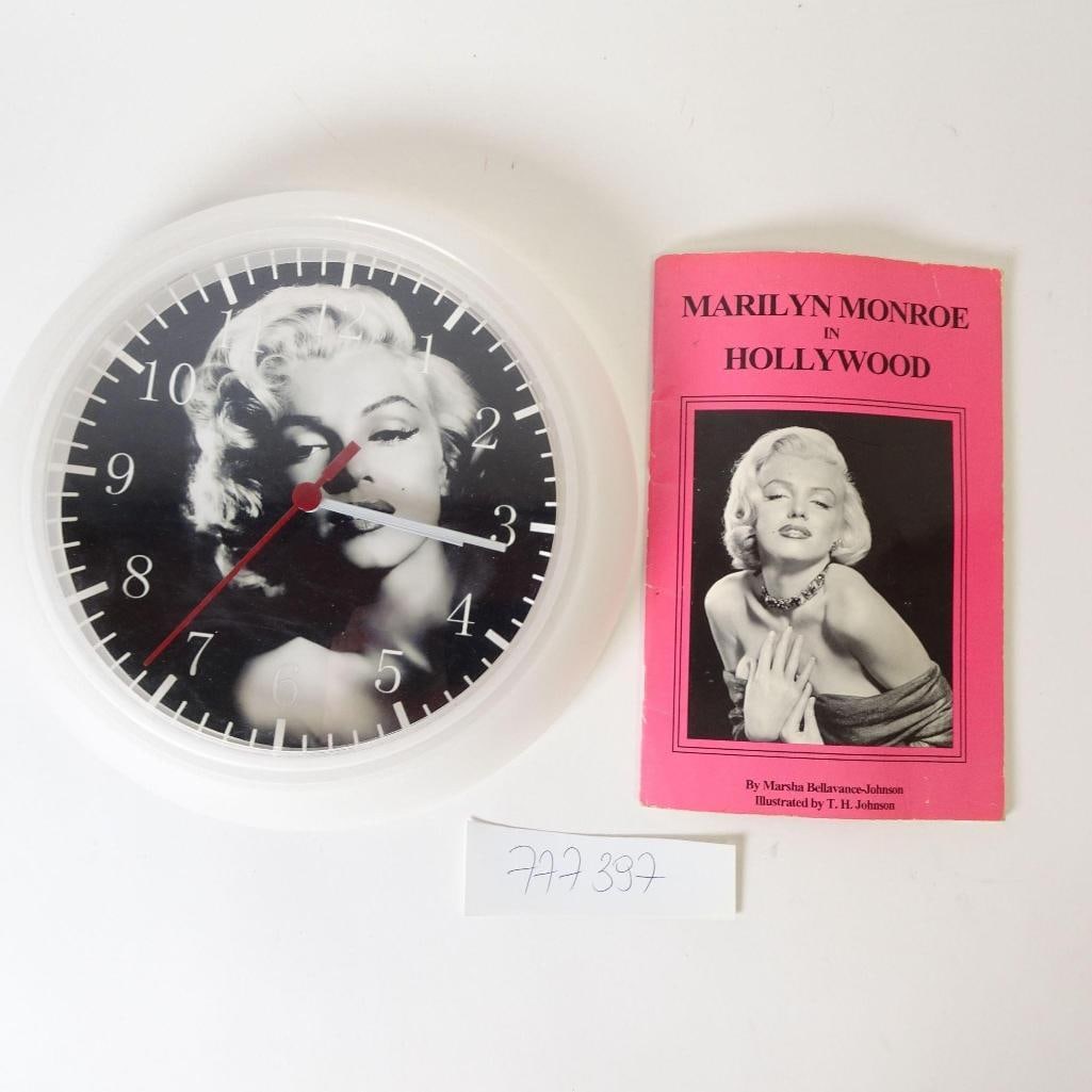 Marilyn Monroe Vintage Set: Vintage Marilyn Monroe collectible set featuring a decorative wall clock with iconic portrait and a 1992 booklet Marilyn Monroe in Hollywood. Perfect for collectors and Hollywood décor lovers. This